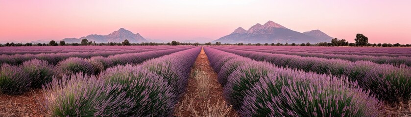 Extensive purple lavender fields stretch towards distant mountains during dawn