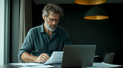 Mature Man Reviews Documents At Desk With Laptop In Home Office Setting