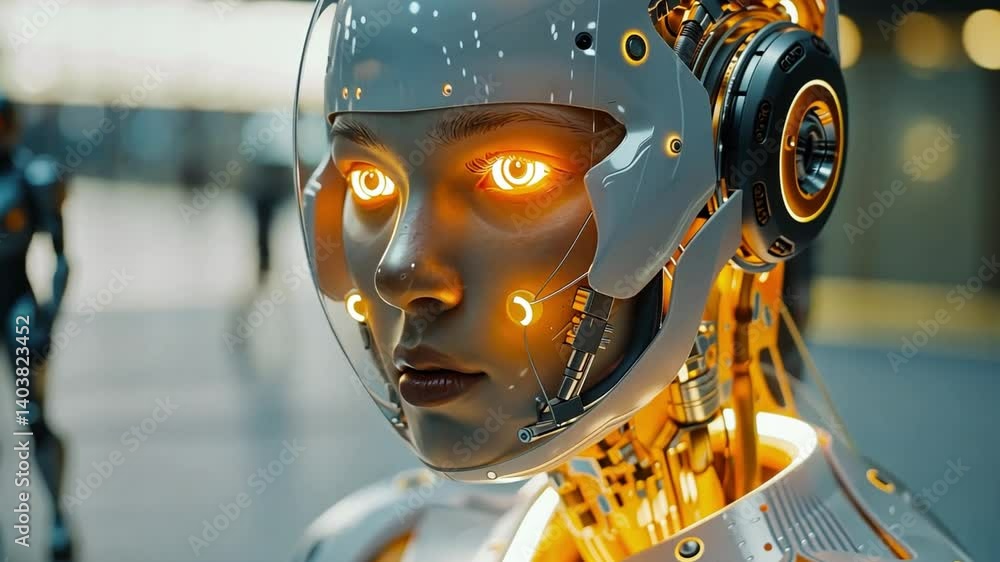 Poster a highly detailed robotic figure stands prominently with glowing eyes and intricate circuitry. the b