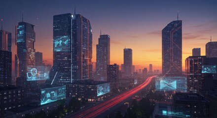 Obraz premium Futuristic Cityscape at Sunset - Stunning futuristic city skyline at sunset, showcasing towering skyscrapers with vibrant displays and a busy highway below