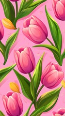 Obraz premium Elegant floral pattern featuring vibrant pink tulips and lush green leaves on a soft pink background capturing a spring mood in a modern style