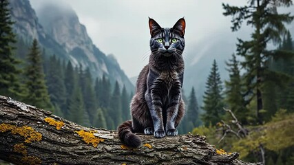 A majestic tabby cat with green eyes perches on a mossy log amidst a serene forest backdrop, creating a captivating outdoor scene - Powered by Adobe