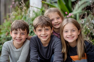 Fototapeta premium Four kids hanging out together in the garden
