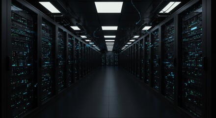 Futuristic Server Room: Data Center Hallway - Modern data center, storage, network infrastructure, technological advancement, global connectivity