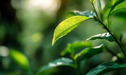Fototapeta premium Close up shot of vibrant green leaves on a plant stem with sunlight filtering through foliage behind it