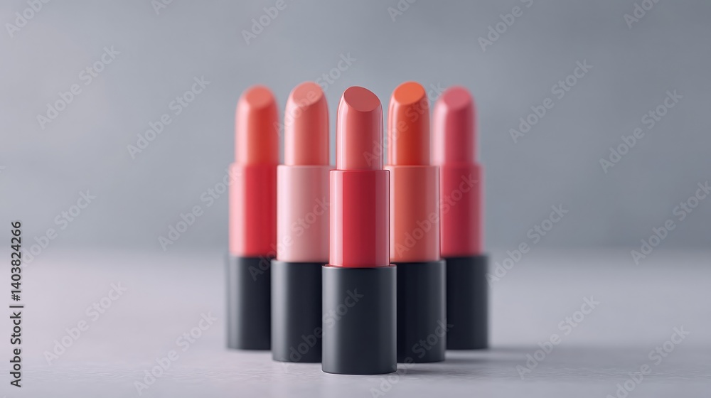 Poster array of vibrant lipsticks with sleek minimalistic design displayed on clean monochromatic surface