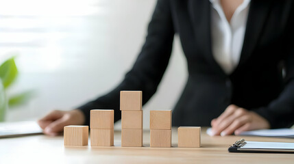 Woman Builds Wooden Blocks Chart Demonstrating Business Growth on Desk in Office
