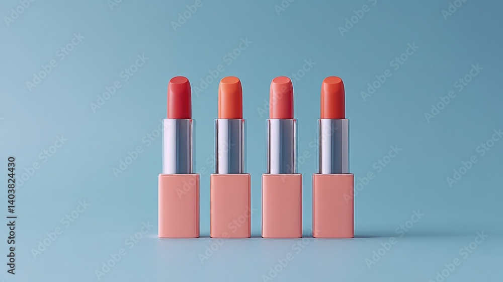 Poster array of vibrant lipsticks with sleek minimalistic design displayed on clean monochromatic surface