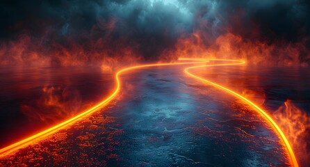 Illuminated Pathway Through a Smoky Landscape with a Sci-fi Vibe