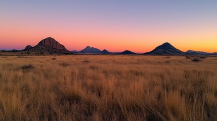 Scenic landscape of grassy field with distant mountain range at sunset