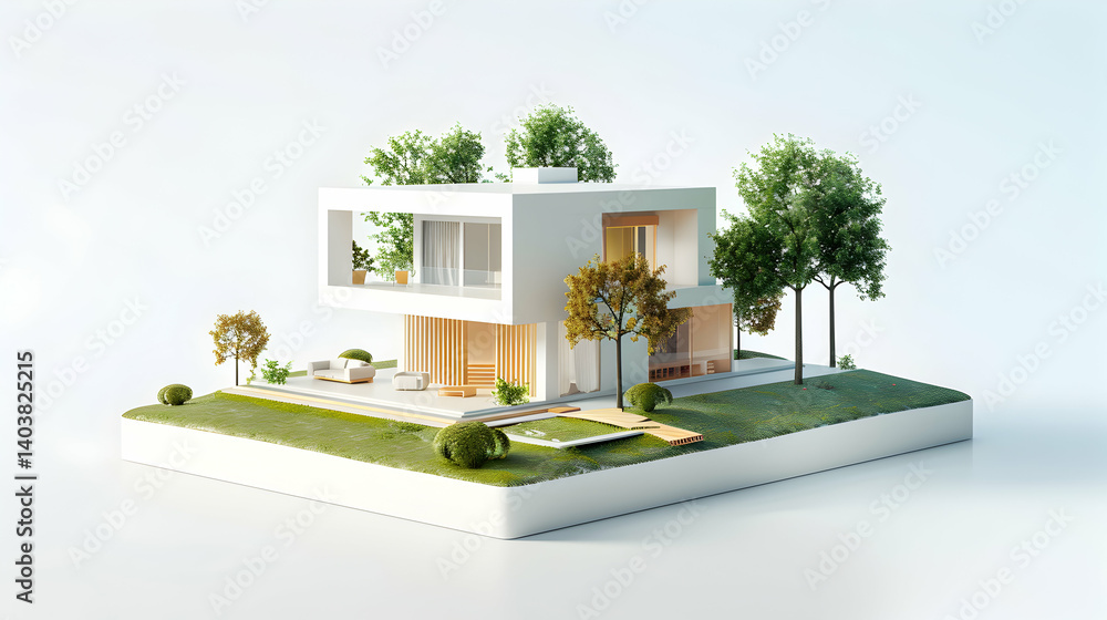 Fototapete a modern white house model with trees and green grass on a white background in a studio setting