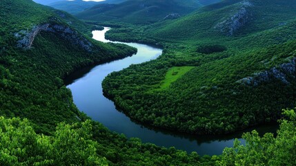 A flowing river winds between lush green forested mountains beautifully