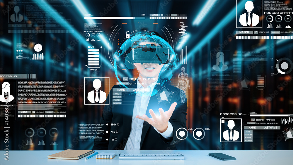 Poster businessman with goggles working while using security protection. manager with formal suit checking 