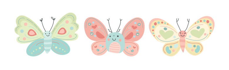 Colorful heart-winged butterflies in soft pastel shades, great for fairy tale themes, romantic design projects, or dreamy nature-inspired illustrations.