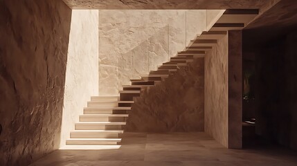 Sunlit, modern, beige stone staircase interior