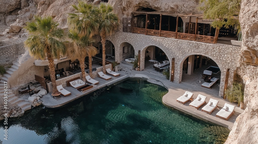 Poster luxurious resort built into a cliffside with a private pool