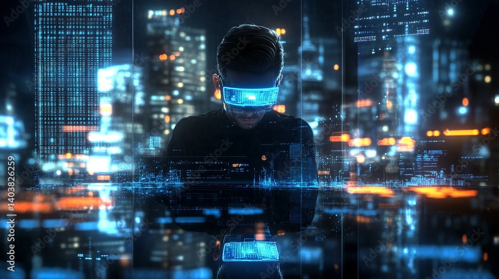 Poster man using augmented reality glasses in a futuristic city with digital interface technology vision