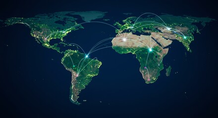 Global Network Connections - Illuminated world map showcasing interconnected nodes, representing global communication and networking