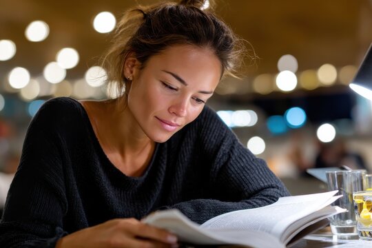 A woman enjoys a delightful reading moment in a cozy café, surrounded by soft lighting and a warm atmosphere, evoking feelings of peace and contentment.