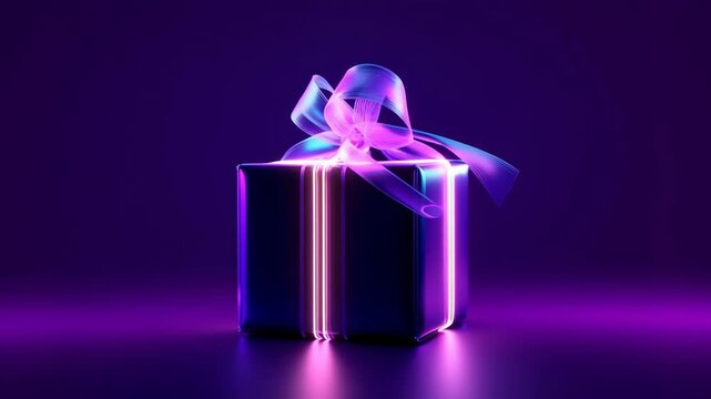 Neon gift box with a glowing bow spins around its axis. Illustration for cyber Monday. Online shopping concept. llustration for a hardware store.	