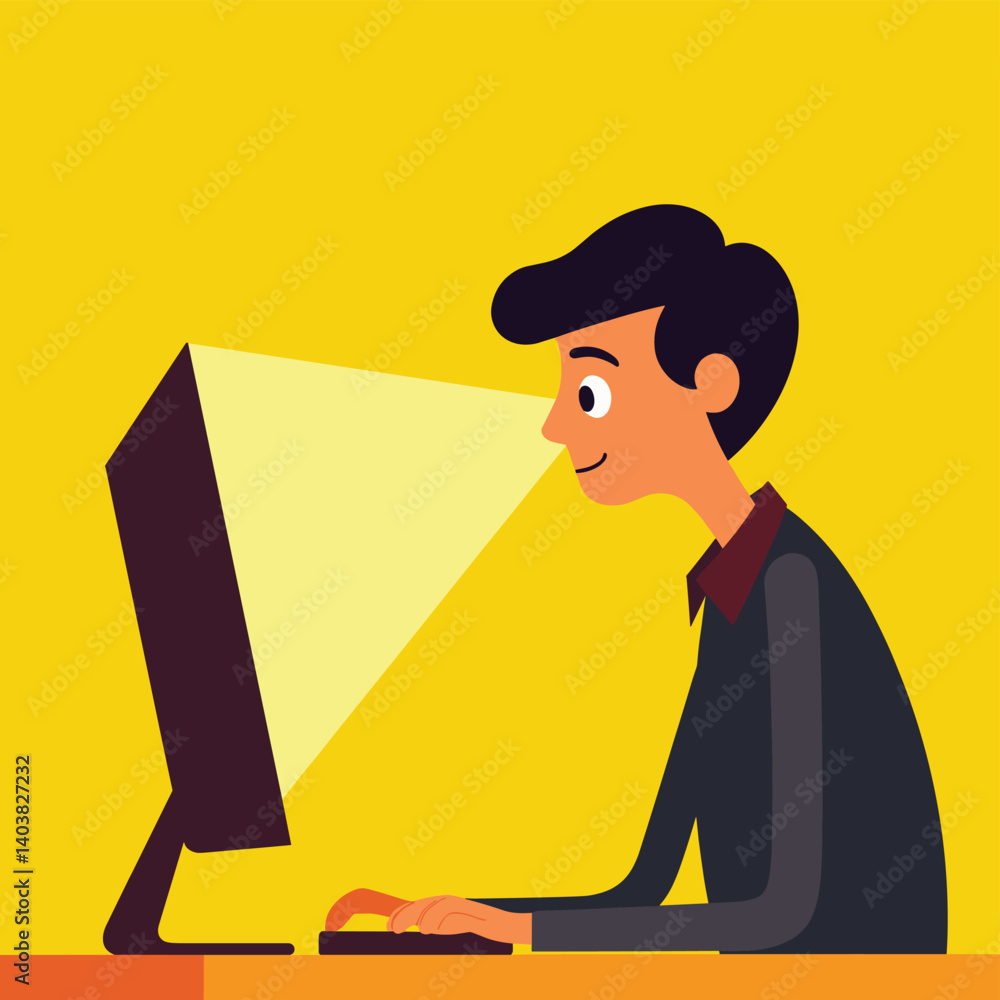 Poster a person is working on a computer with the screen illuminating their face in a bright yellow room.