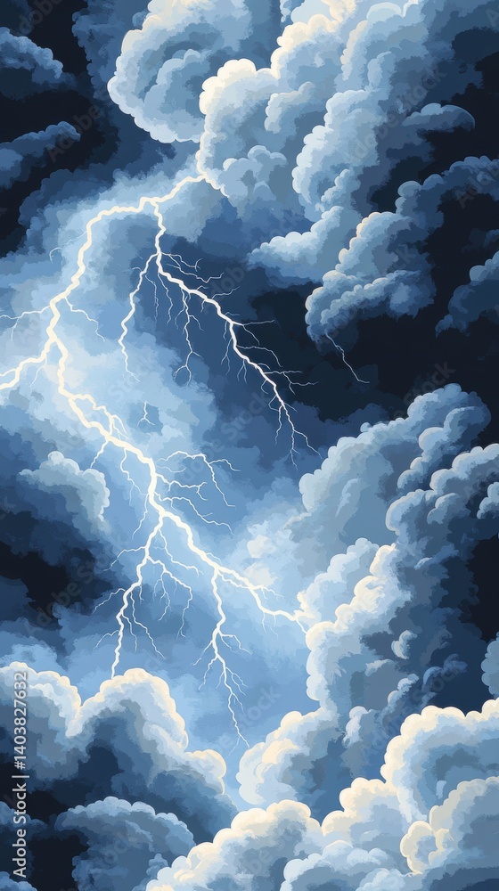 Poster dramatic sky with lightning bolts striking through fluffy clouds creating a powerful and atmospheric
