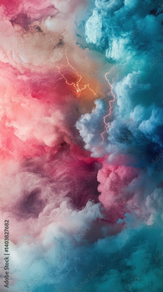 Poster ethereal pastel cloudscape with vibrant lightning strikes creating a dramatic and dreamy atmosphere 