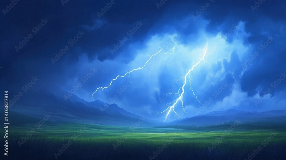 Poster dramatic lightning strikes across a verdant field with distant mountains and dark clouds creating a 