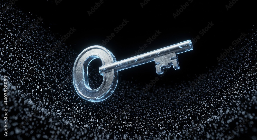 Poster glowing key on dark background - a metallic key with a glowing effect rests on a dark, textured surf