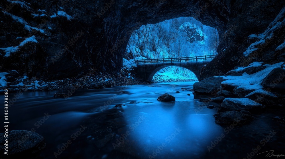Poster a stone bridge over a flowing river in a cave setting