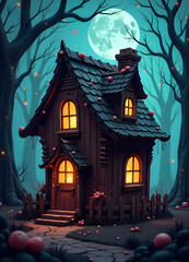 A charming, glowing house nestled in a mystical, moonlit forest, creating a fairytale scene.