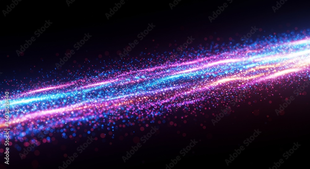 Poster glowing particle stream - abstract of vibrant pink and blue particles flowing across a black backgro