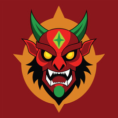 Fototapeta premium vector logo design of a fierce demon face with horns and sharp teeth, featuring traditional Japanese style and bold colors for branding