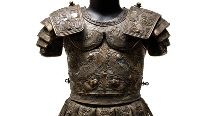 Detailed bronze armor showcasing historical craftsmanship. transparent background