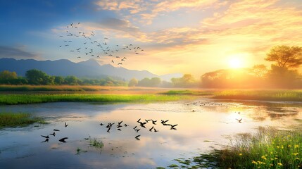 Fototapeta premium Lake landscape with birds flying at sunrise or sunset with mountains background.