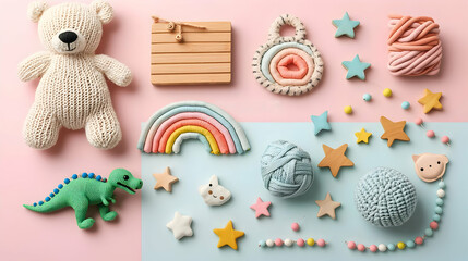 Collection Of Handmade Toys And Decorations Arranged On Pink And Blue Background With Knitted Teddy Bear And Dinosaur