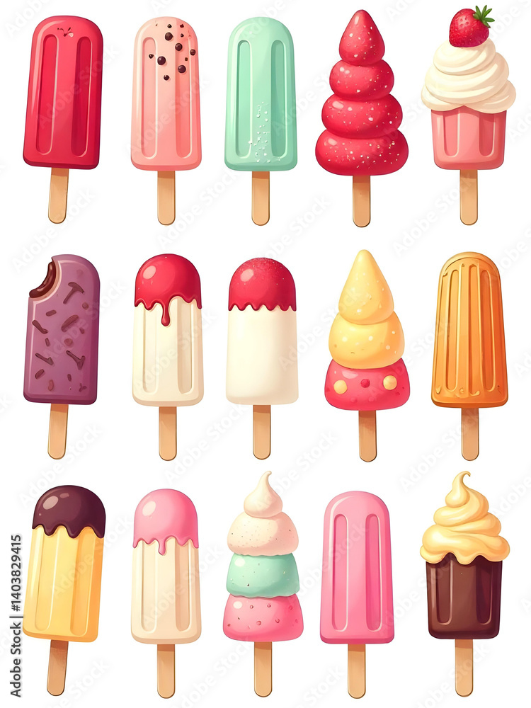 Poster a vibrant array of artistically designed popsicles, showcasing various flavors and colorful presenta
