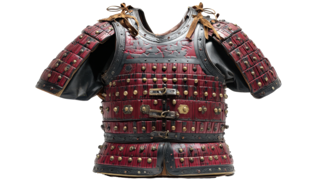 Traditional samurai armor in striking red tones. transparent background