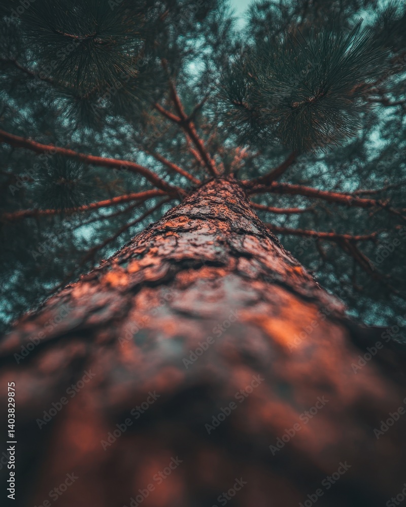 Poster majestic pine tree reaching towards the sky with a unique perspective showcasing bark texture and br
