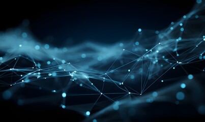 Abstract network with connected dots and lines on a dark blue background with bokeh effect