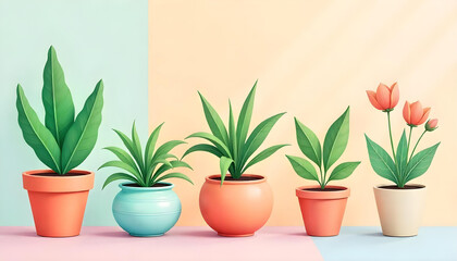Fototapeta premium A row of potted plants in a colorful setting, offering a fresh and modern look for your home.