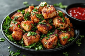 Crispy Fried Tofu Cubes with Parsley and Sauce