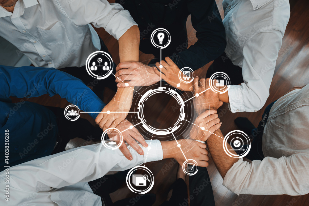 Leinwandbilder a diverse group of individuals connects their hands together, symbolizing unity and teamwork, surrou