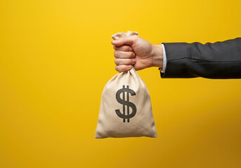 One hand holding a money bag. The concept of earning an income. Receiving a salary or payment. Making payments or purchases. Donating to charity. Financial gain and support, income opportunities. 