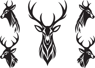 Deer Head Vector Silhouettes – Tribal Stag Logo Set for Tattoos, Emblems, and Hunting Design