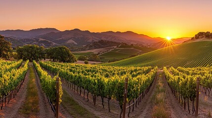 Fototapeta premium Sunset illuminates a beautiful vineyard among rolling hills and trees