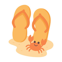 Cartoon beach scene with orange flip flops, smiling crab and sand in flat vector style.