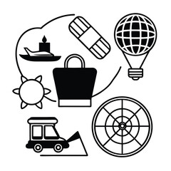 Travel icons globe passport plane