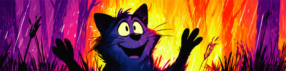 Exciting Colorful Cartoon Vector Illustration of Happy Animated Cat Smiling and Waving in Vibrant Artistic Purple Orange Yellow Nature Background Scene for Kids Design