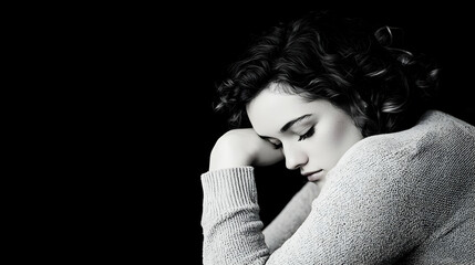 Obraz premium Thoughtful Woman In Grey Sweater Against Black Background